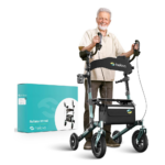 Helavo Upright Walker with Seat, Foldable Stand Up Walker with Rubber Tires