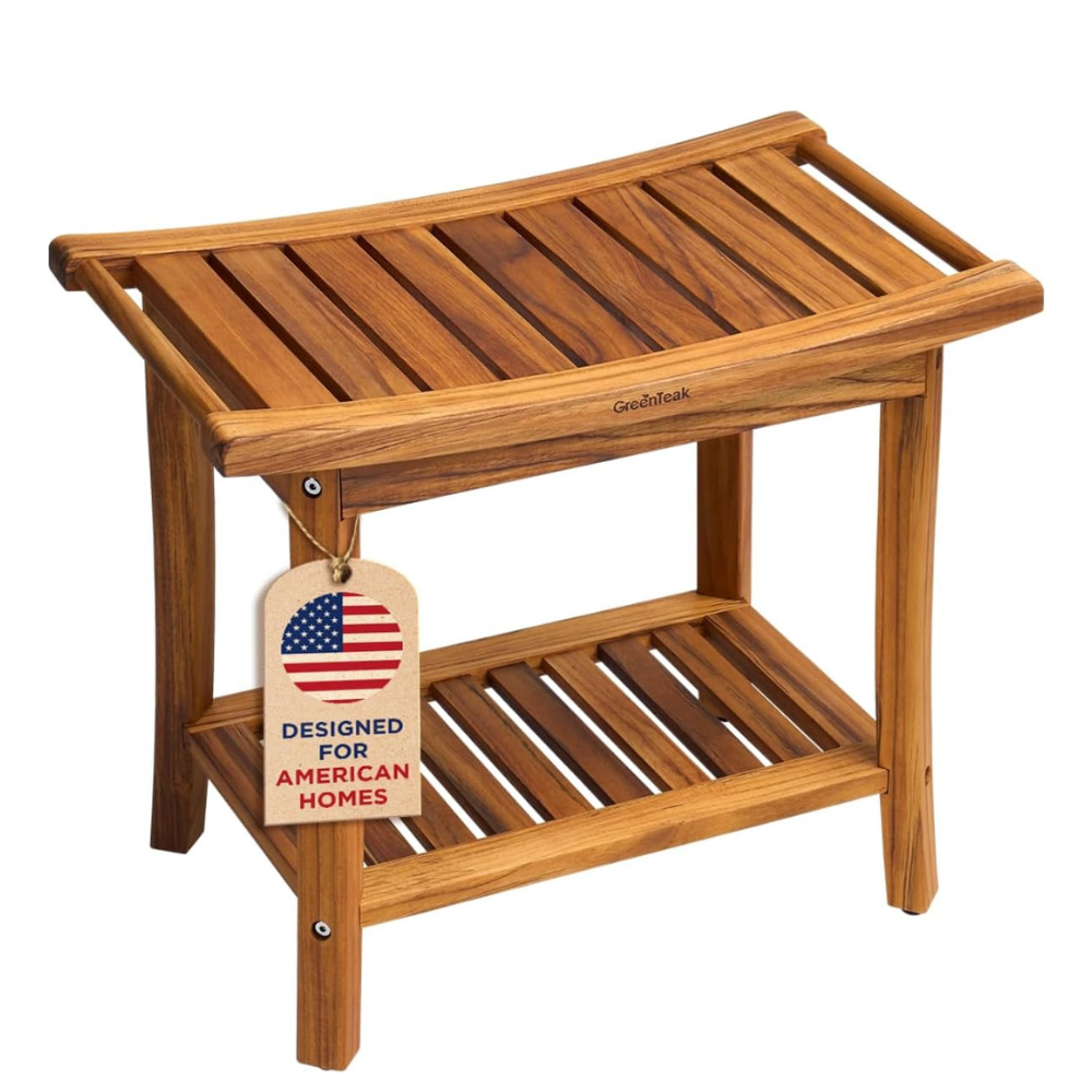 Untitled design - 2026-08-09T062136.439 Premium 22" Teak Wood Shower Bench with Shelf - Image 1